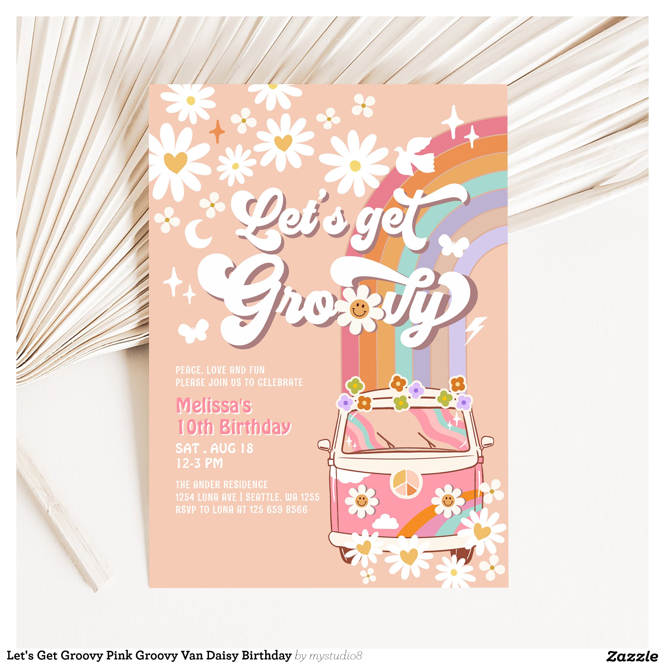 Let's Get Groovy Pink Groovy Van Daisy Birthday Invitation