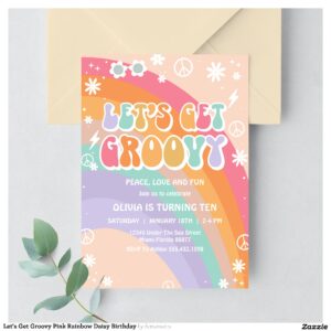 Let's Get Groovy Pink Rainbow Daisy Birthday Invitation