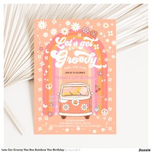 Lets Get Groovy Van Bus Rainbow Van Birthday Invitation