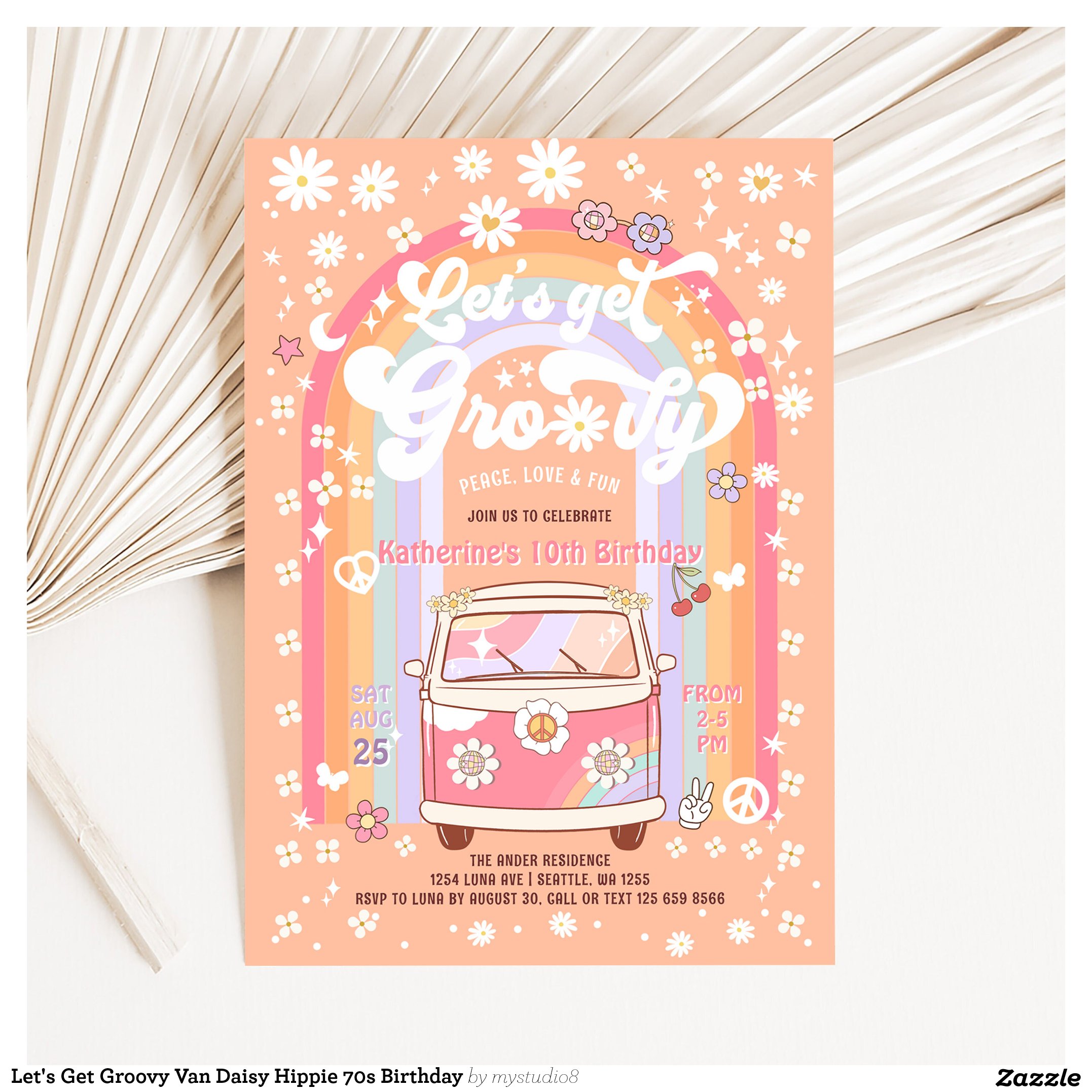 Let's Get Groovy Van Daisy Hippie 70s Birthday Invitation