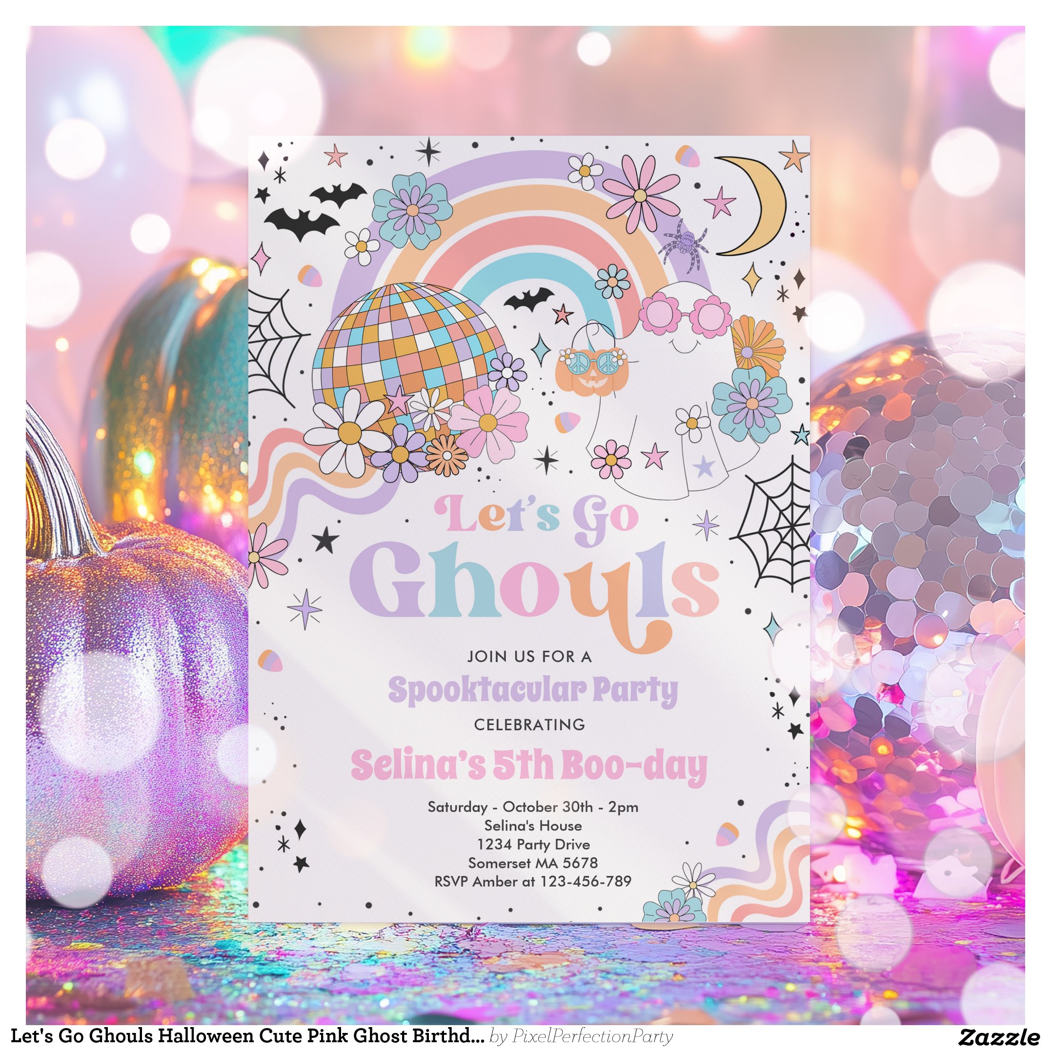 Let's Go Ghouls Halloween Cute Pink Ghost Birthday Invitation