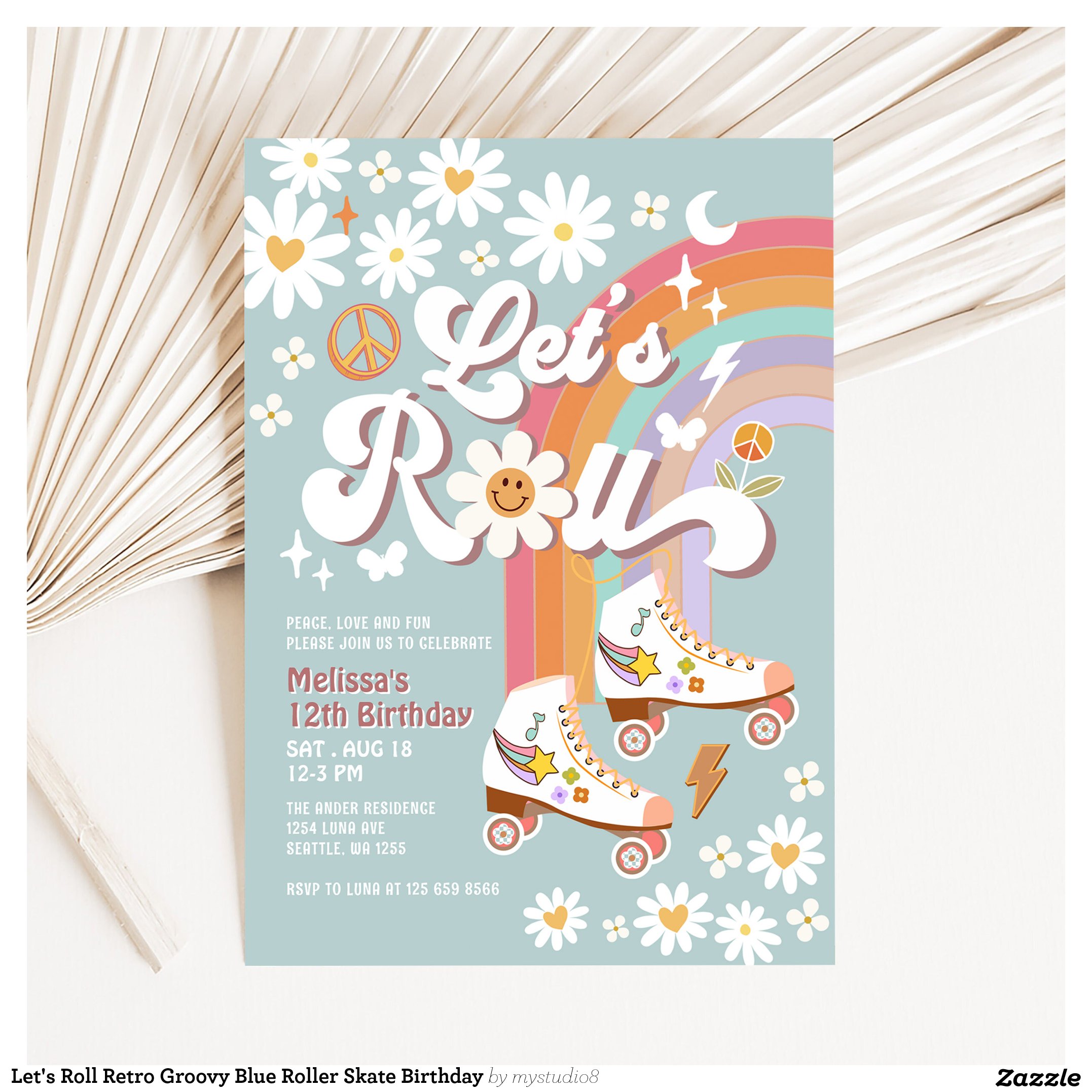 Let's Roll Retro Groovy Blue Roller Skate Birthday Invitation