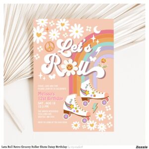 Lets Roll Retro Groovy Roller Skate Daisy Birthday Invitation