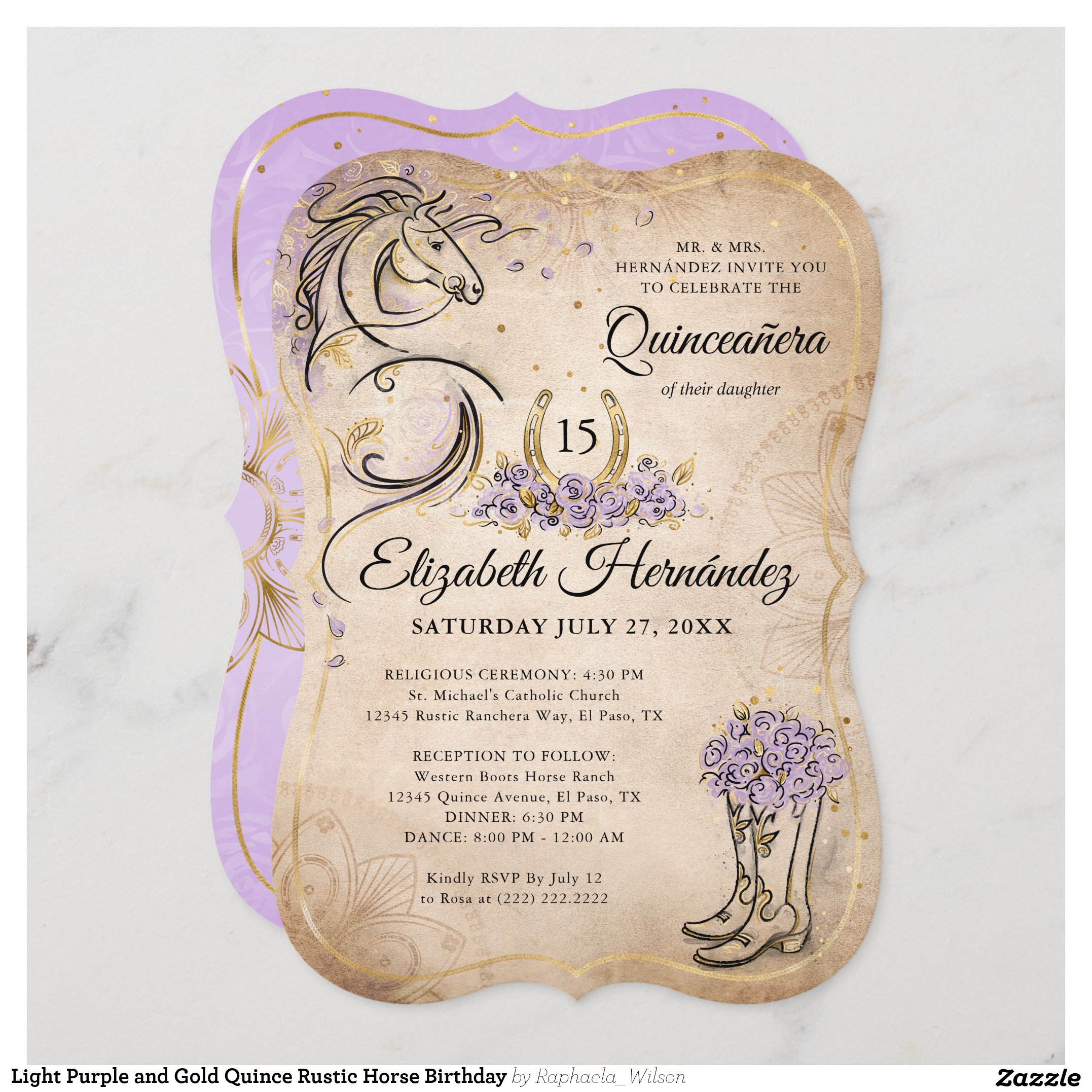 Light Purple and Gold Quince Rustic Horse Birthday Invitation