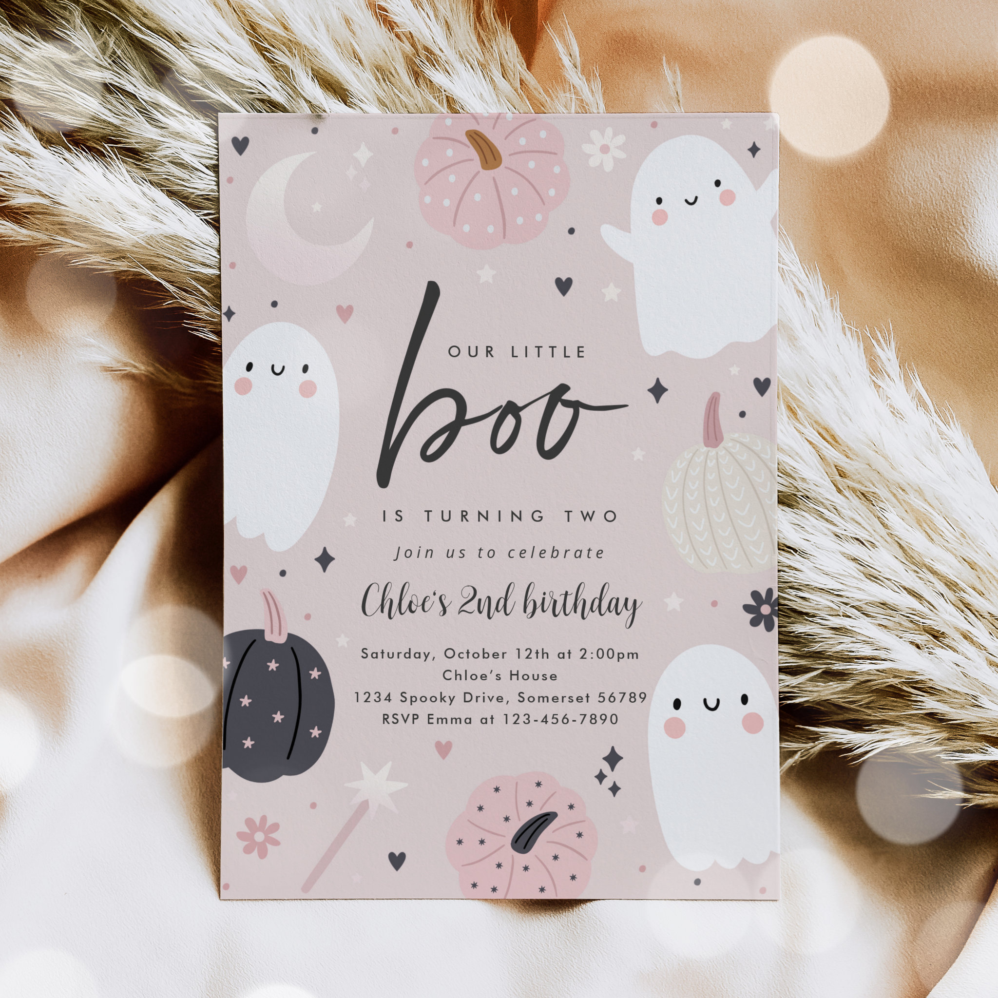 Little Boo Boho Halloween Ghost 2nd Birthday Party Invitation