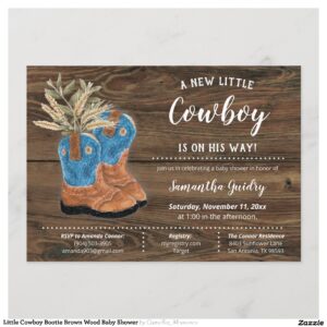 Little Cowboy Bootie Brown Wood Baby Shower Invitation