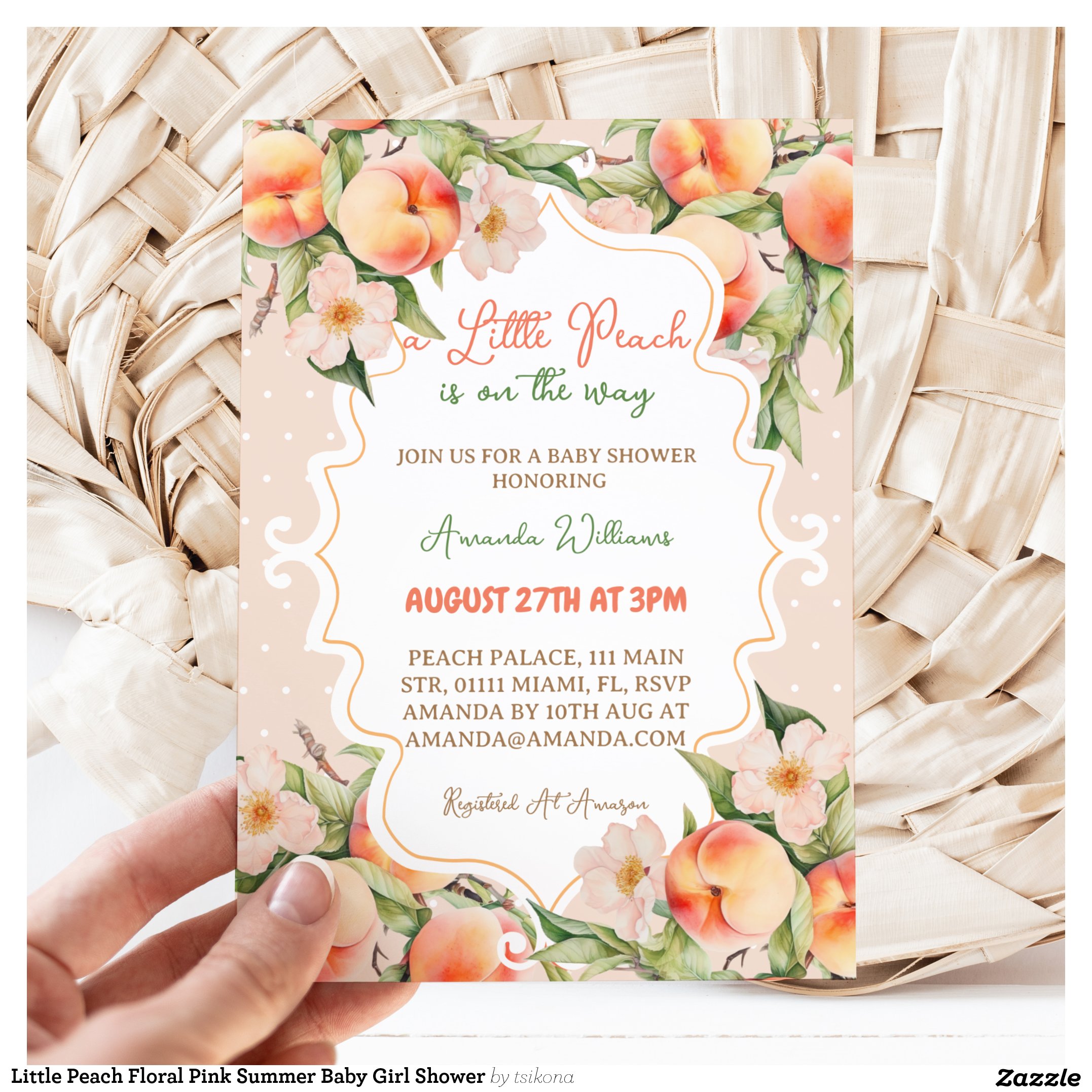 Little Peach Floral Pink Summer Baby Girl Shower Invitation