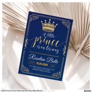 Little Prince Crown Navy and Gold Boy Baby Shower Invitation