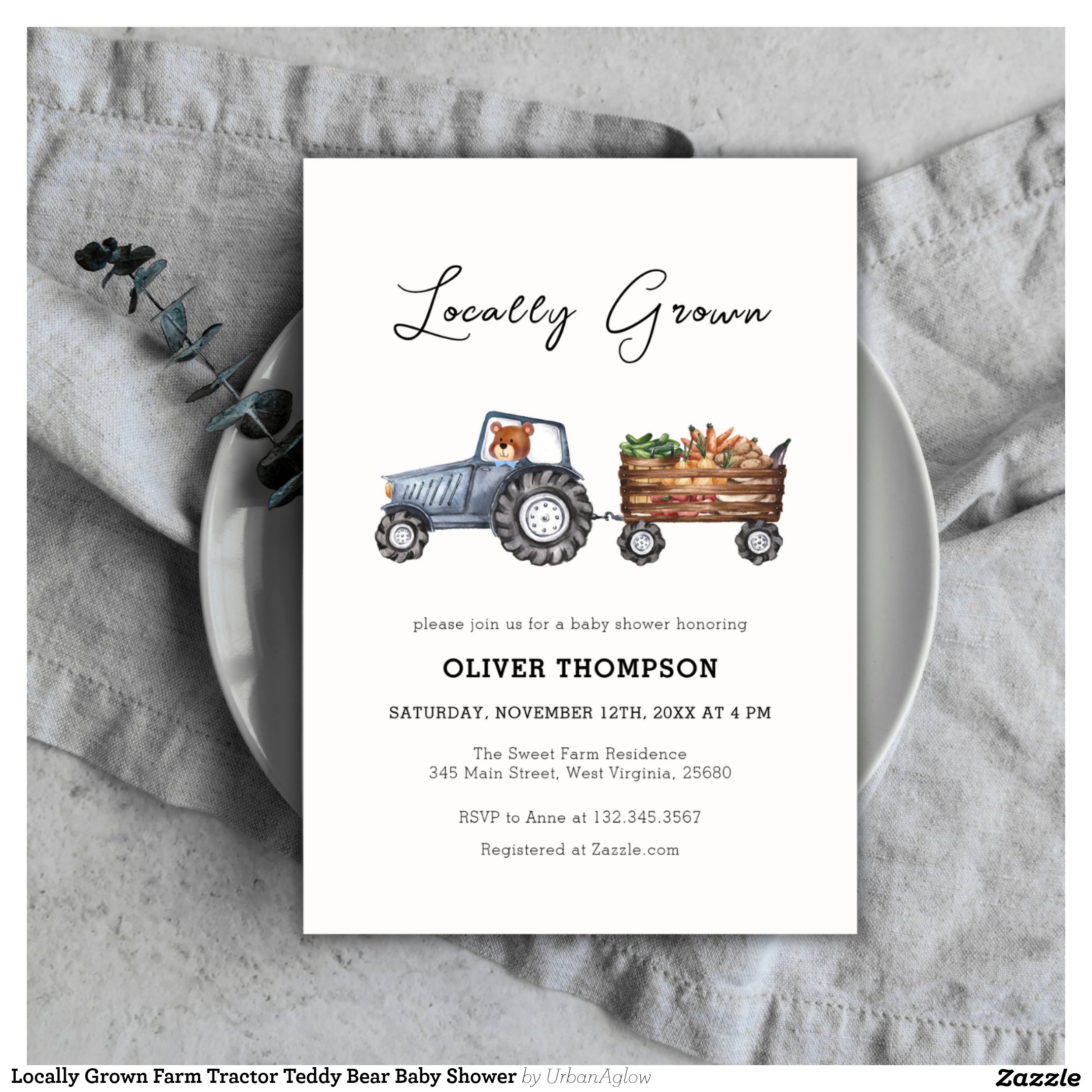 Locally Grown Farm Tractor Teddy Bear Baby Shower Invitation