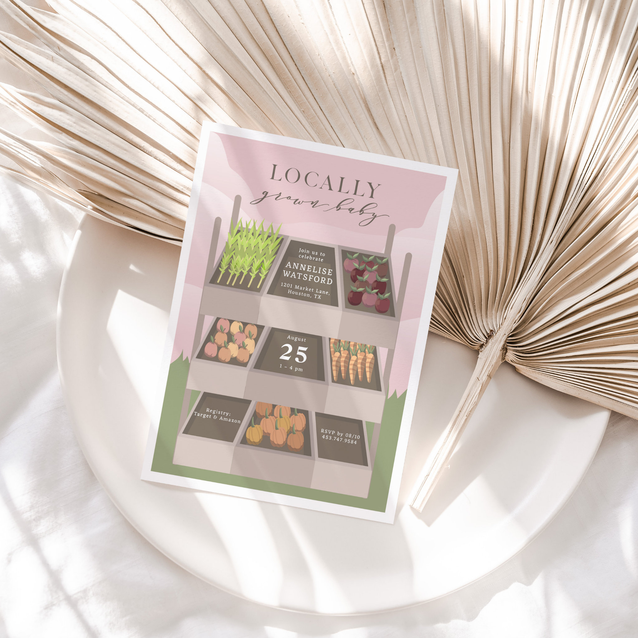 Locally Grown Pink Farmers Market Baby Shower Invitation