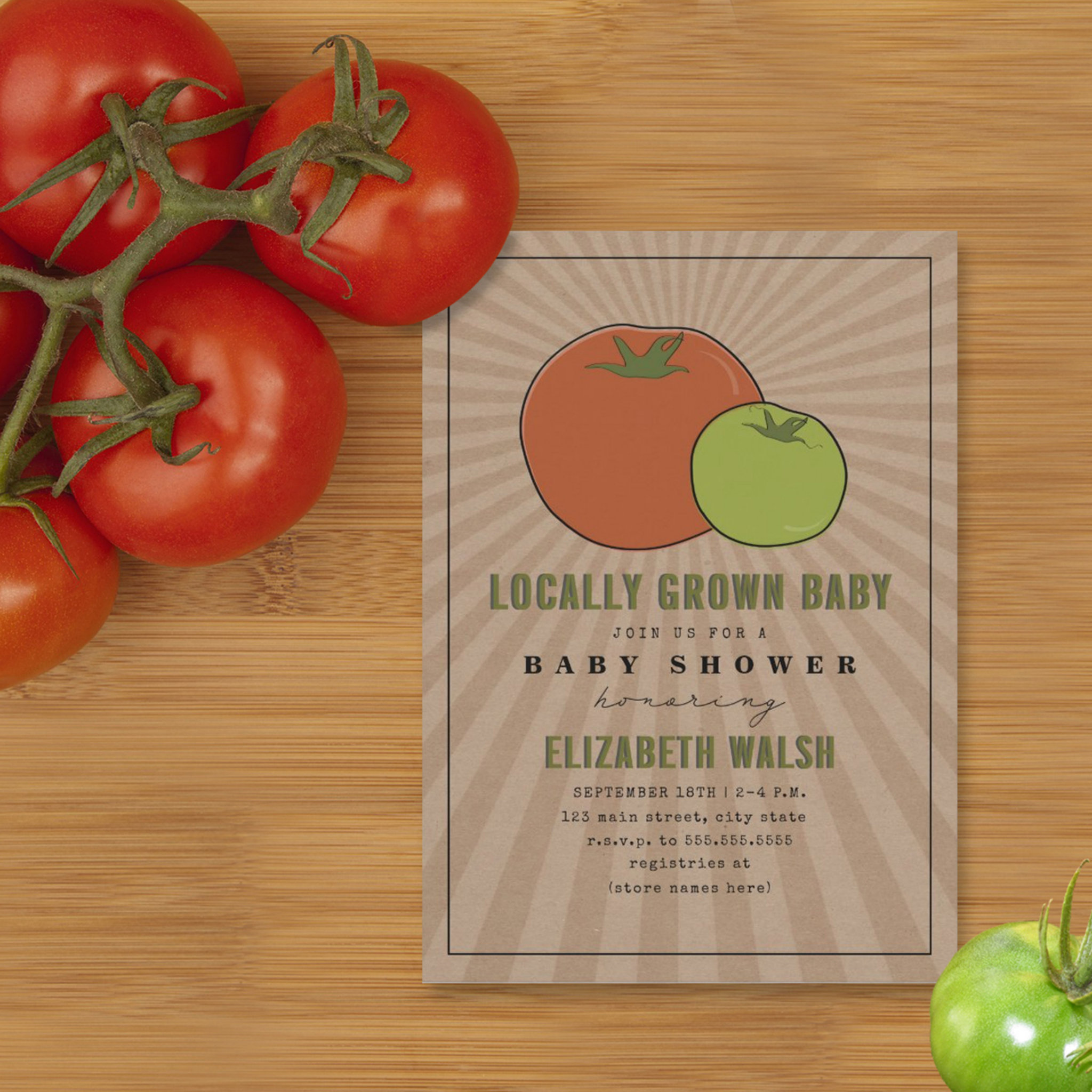 Locally Grown Red & Green Tomato Baby Shower Invit Invitation