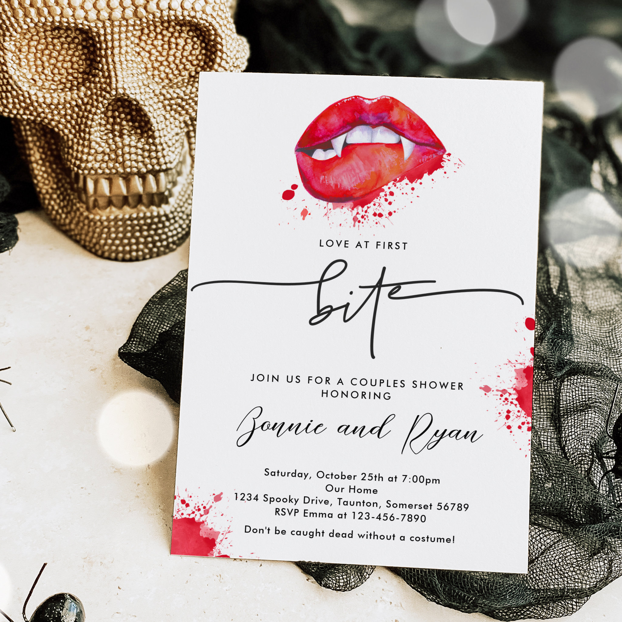 Love At First Bite Halloween Vampire Couple Shower Invitation
