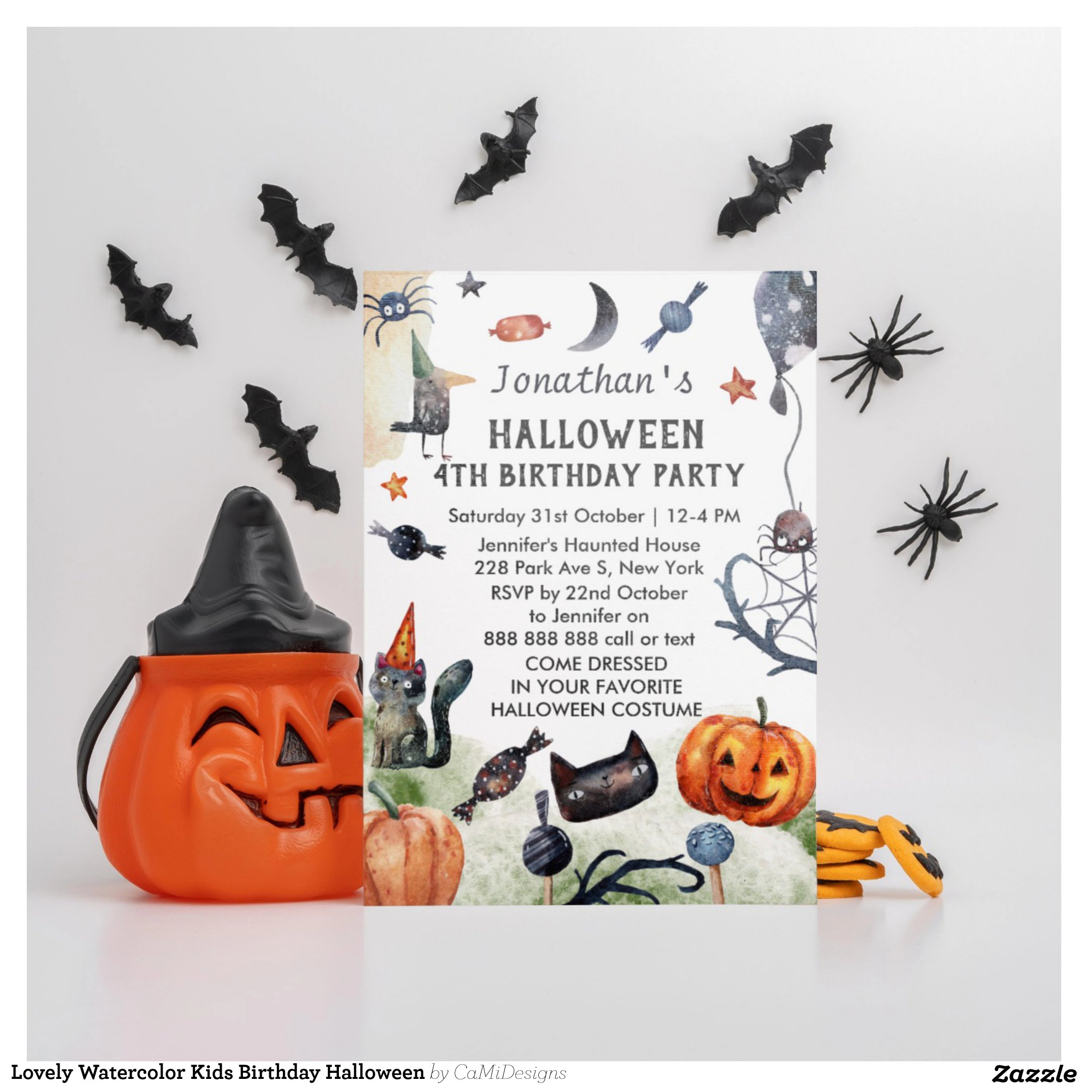 Lovely Watercolor Kids Birthday Halloween Invitation