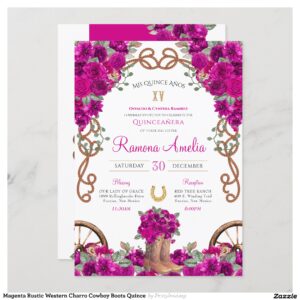 Magenta Rustic Western Charro Cowboy Boots Quince Invitation