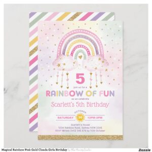 Magical Rainbow Pink Gold Clouds Girls Birthday Invitation