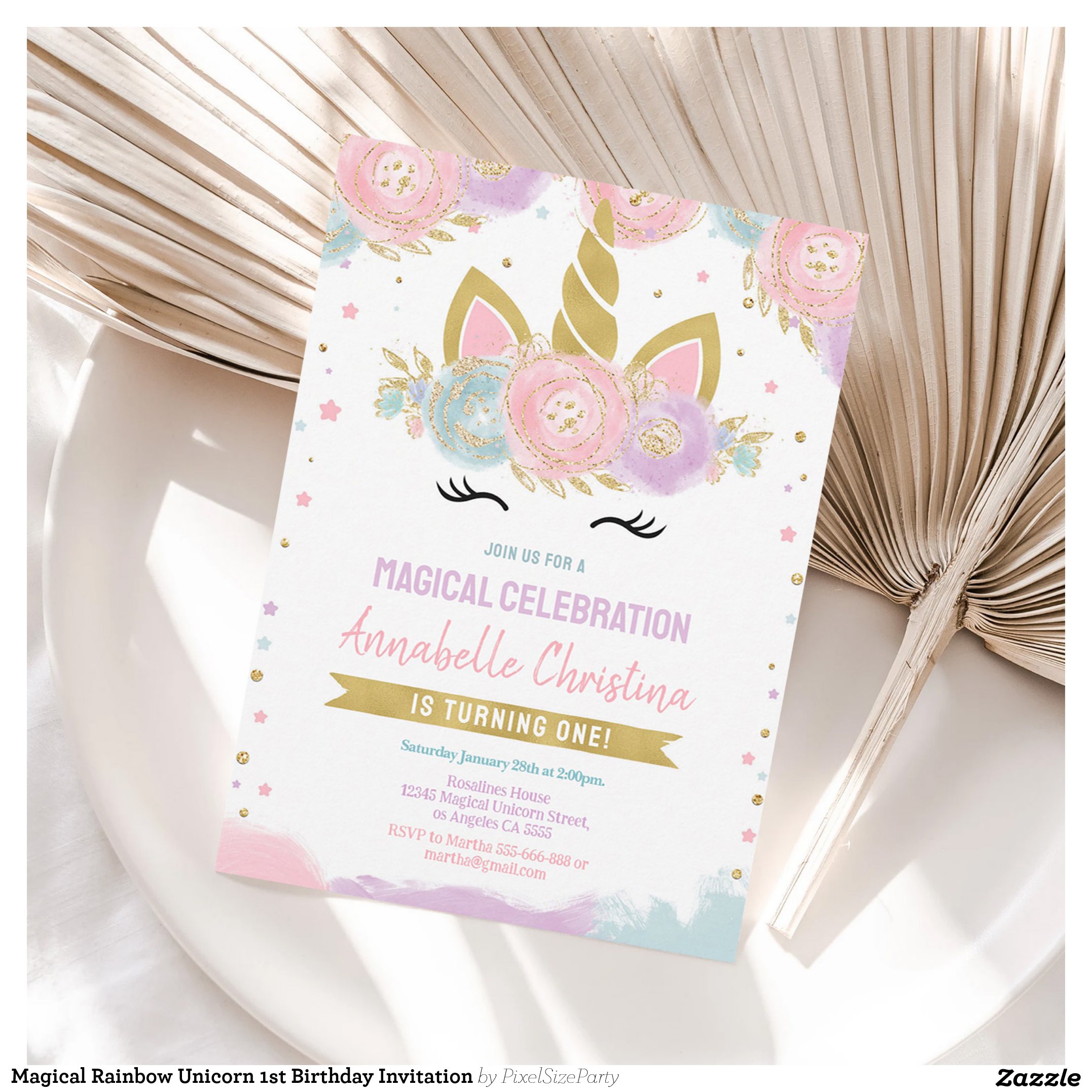 Magical Rainbow Unicorn 1st Birthday Invitation