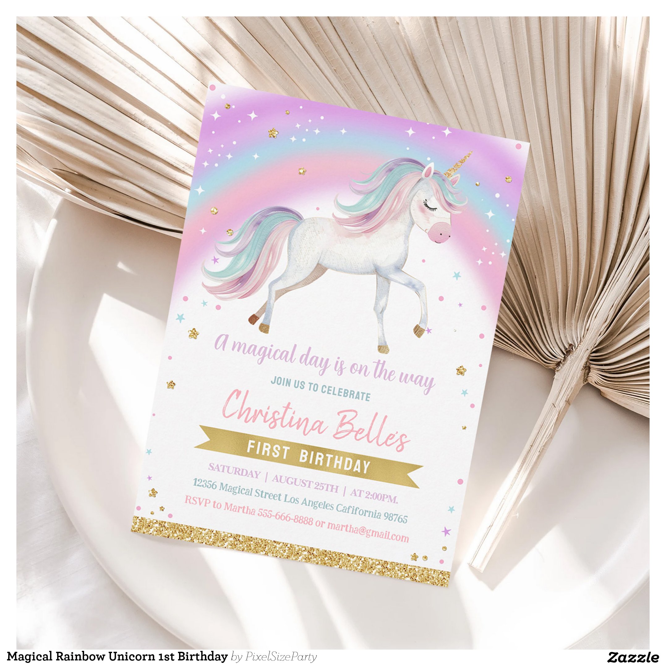 Magical Rainbow Unicorn 1st Birthday Invitation