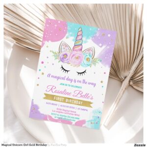 Magical Unicorn Girl Gold Birthday Invitation