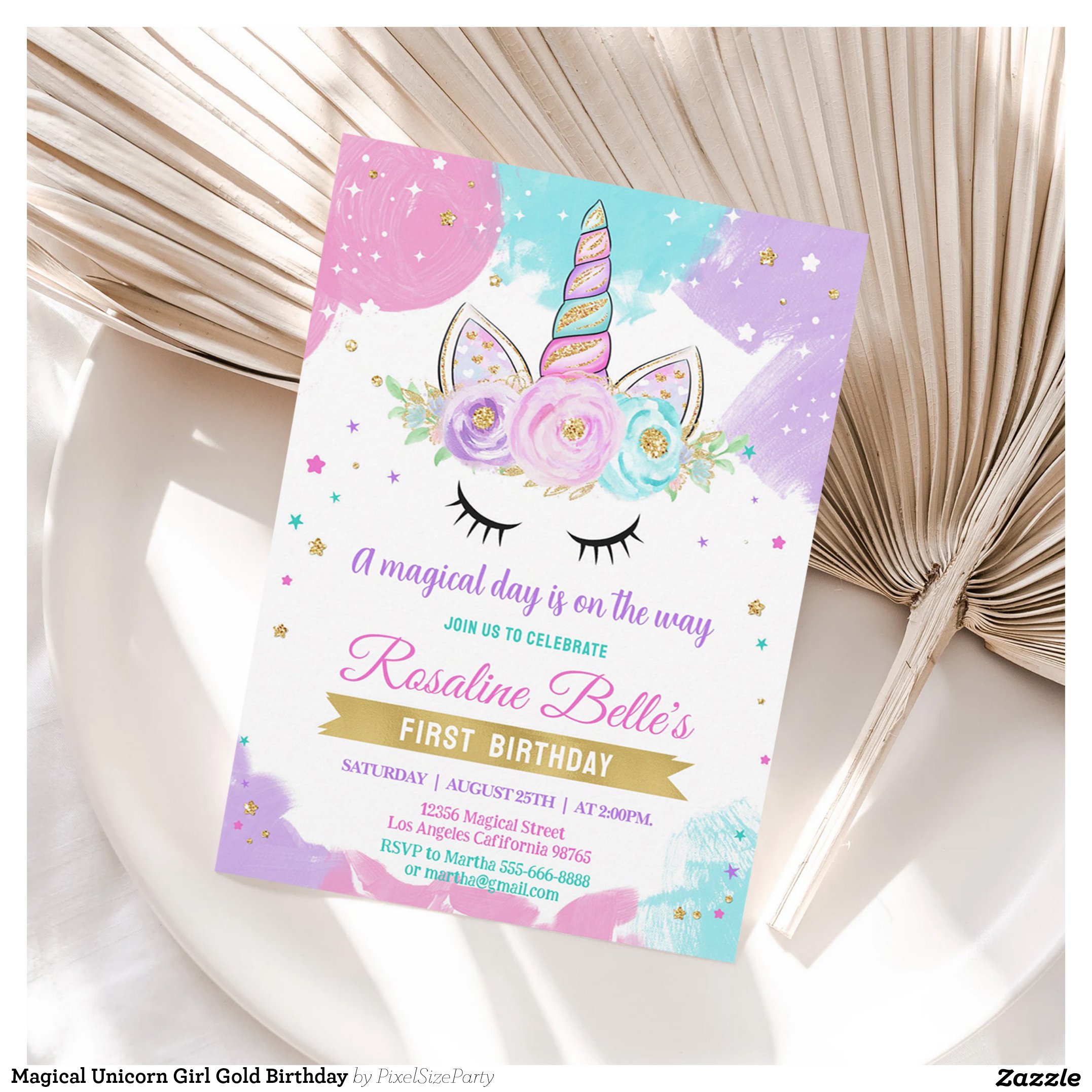 Magical Unicorn Girl Gold Birthday Invitation