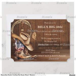 Masculine Rustic Cowboy Hat Boots Wood Western Invitation