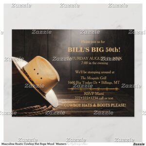 Masculine Rustic Cowboy Hat Rope Wood Western Invitation