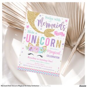 Mermaid And Unicorn Magical Birthday Invitation