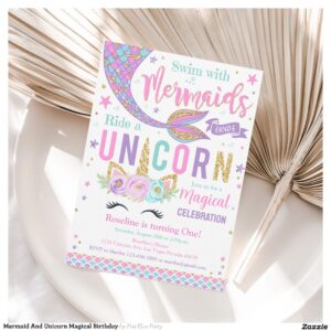 Mermaid And Unicorn Magical Birthday Invitation