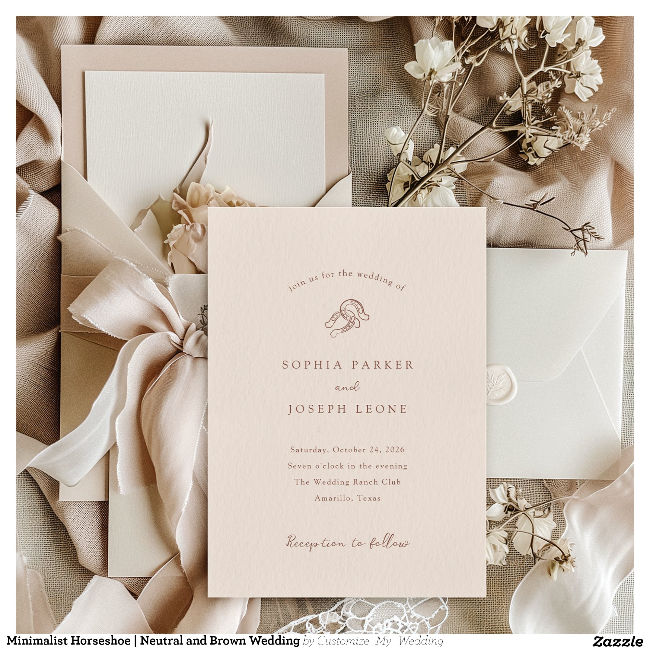 Minimalist Horseshoe Neutral and Brown Wedding Invitation