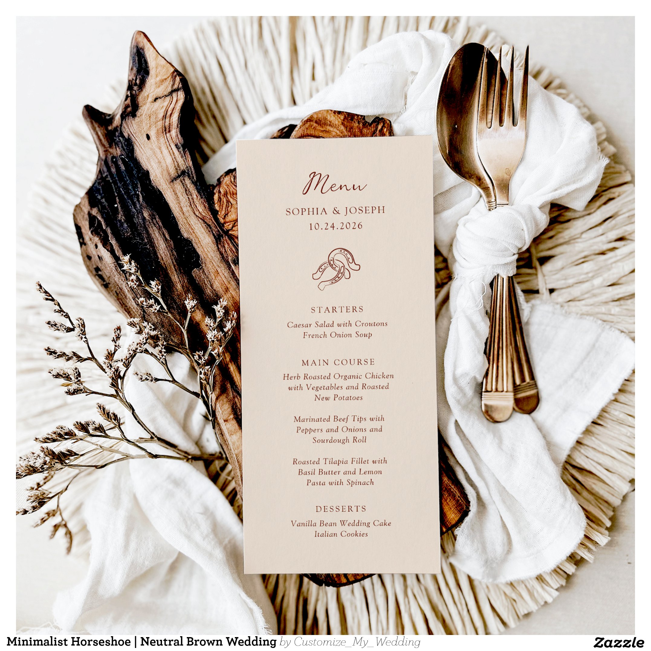 Minimalist Horseshoe Neutral Brown Wedding Menu