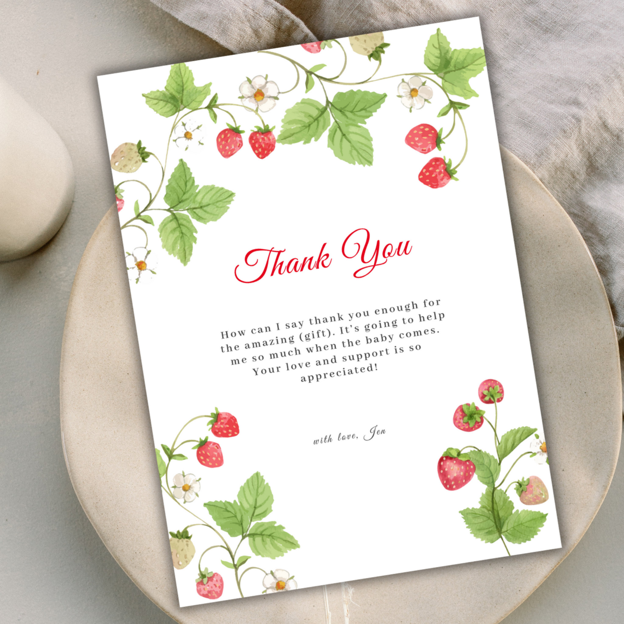 Minimalist Sweet Greenery Strawberry Baby Shower Thank You Card