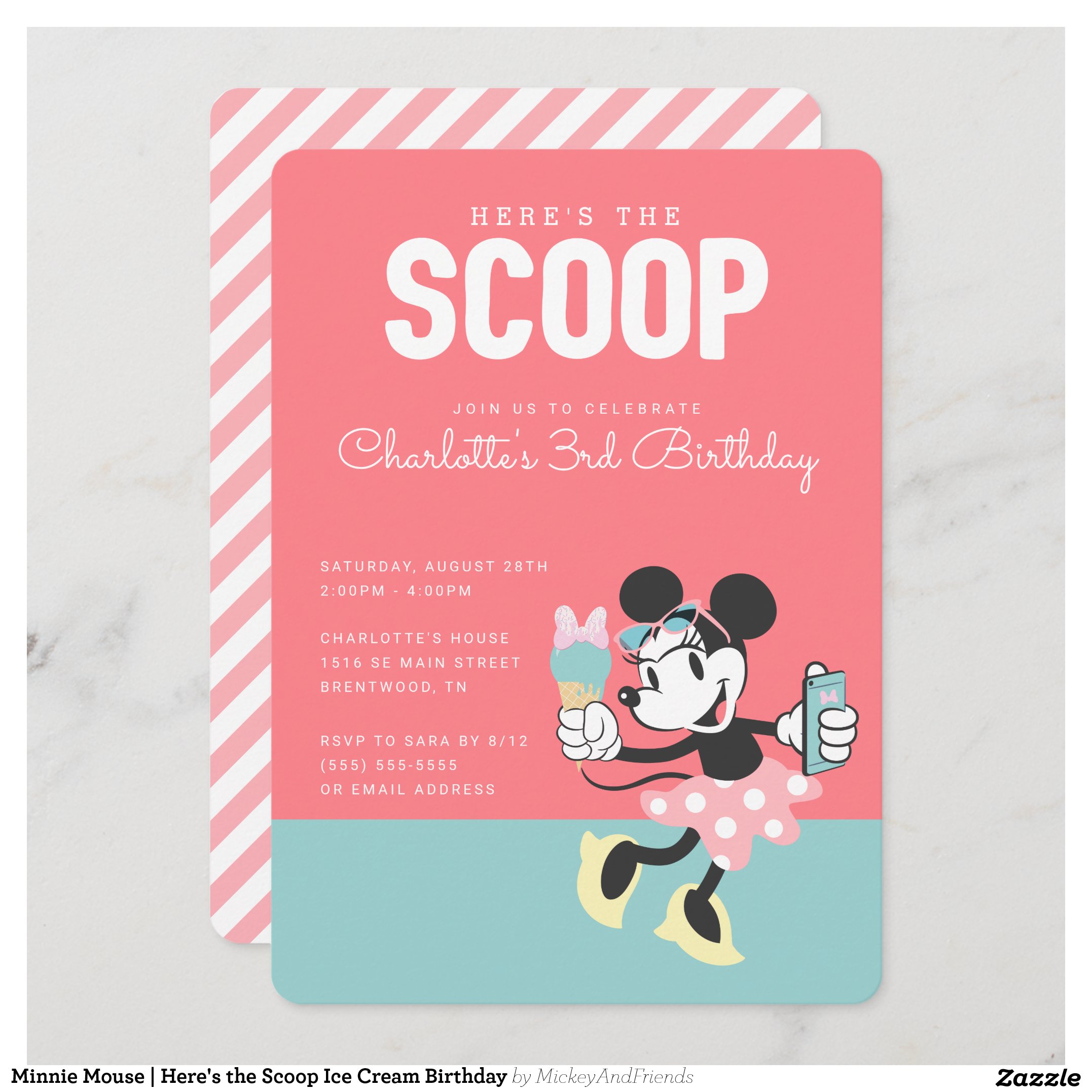 Minnie Mouse Here's the Scoop Ice Cream Birthday Invitation