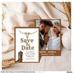 Modern Boho Western Cowboy Wedding Save the date Invitation