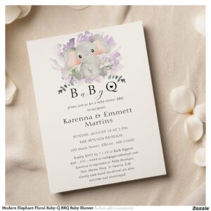 Modern Elephant Floral Baby-Q BBQ Baby Shower Invitation