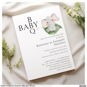 Modern Elephant Greenery BBQ Baby Shower Invitation