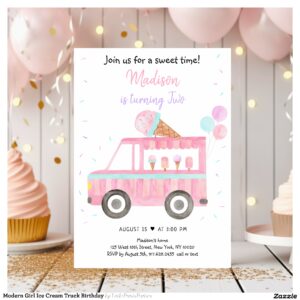 Modern Girl Ice Cream Truck Birthday Invitation