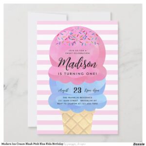 Modern Ice Cream Blush Pink Blue Kids Birthday Invitation