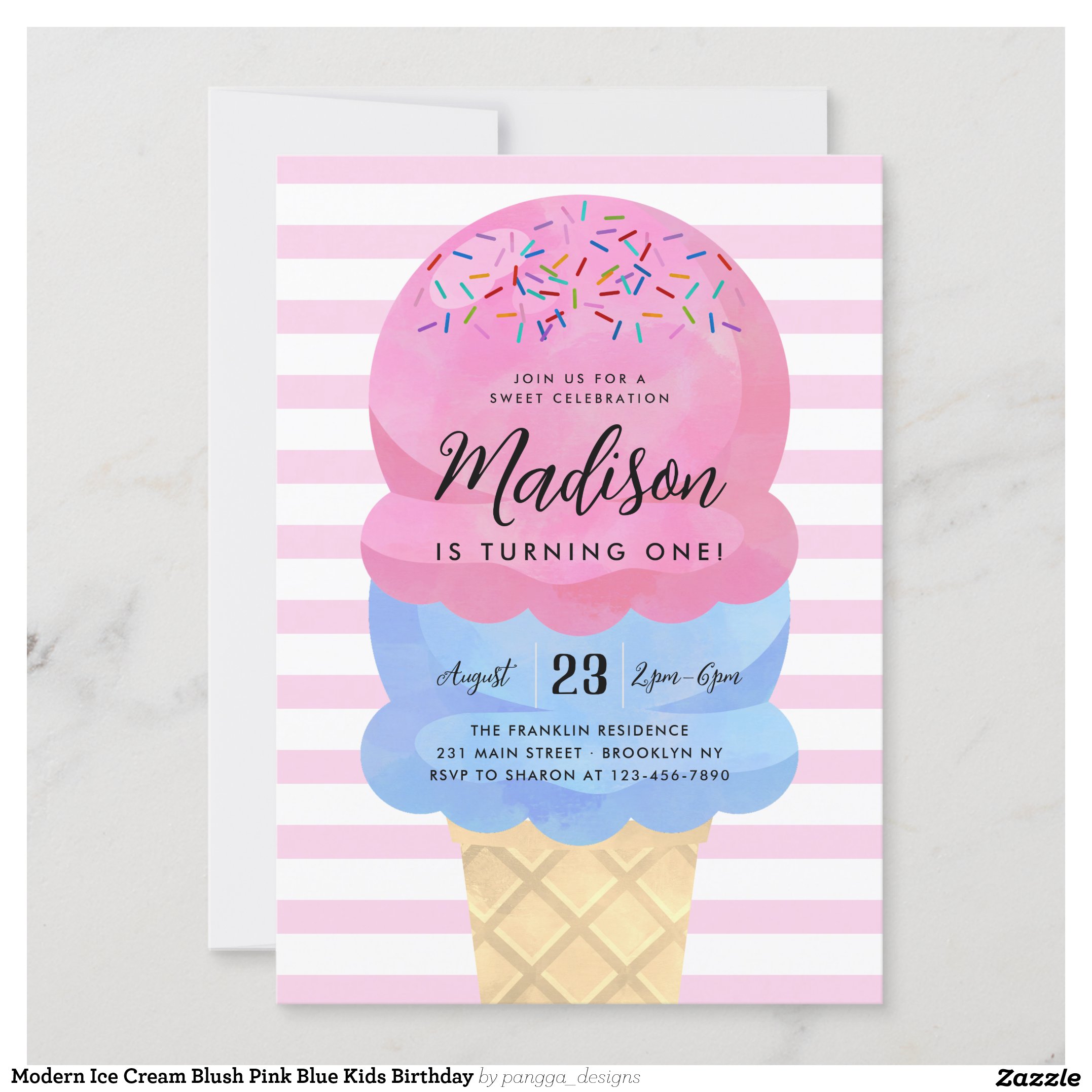 Modern Ice Cream Blush Pink Blue Kids Birthday Invitation