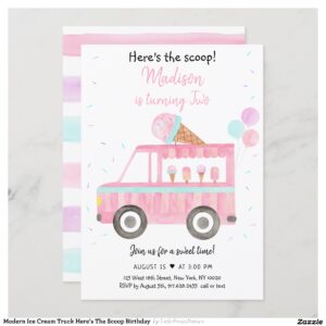 Modern Ice Cream Truck Here's The Scoop Birthday Invitation