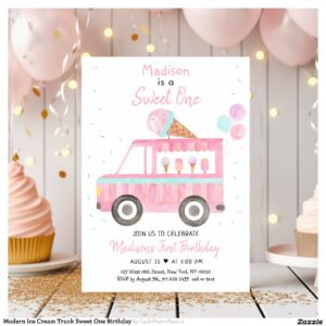 Modern Ice Cream Truck Sweet One Birthday Invitation