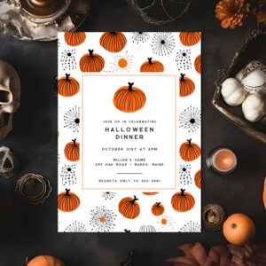 Modern Orange Black Pumpkin Halloween Dinner Party Invitation