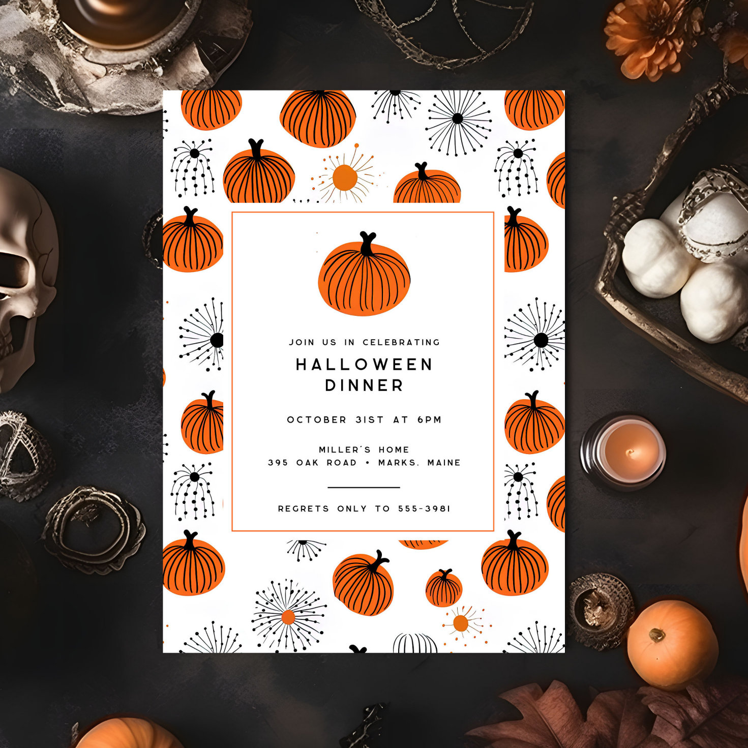 Modern Orange Black Pumpkin Halloween Dinner Party Invitation