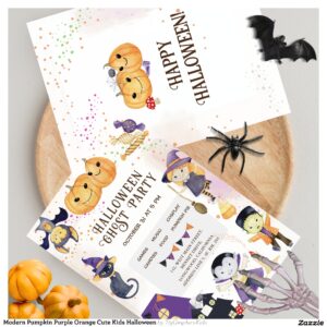 Modern Pumpkin Purple Orange Cute Kids Halloween Invitation