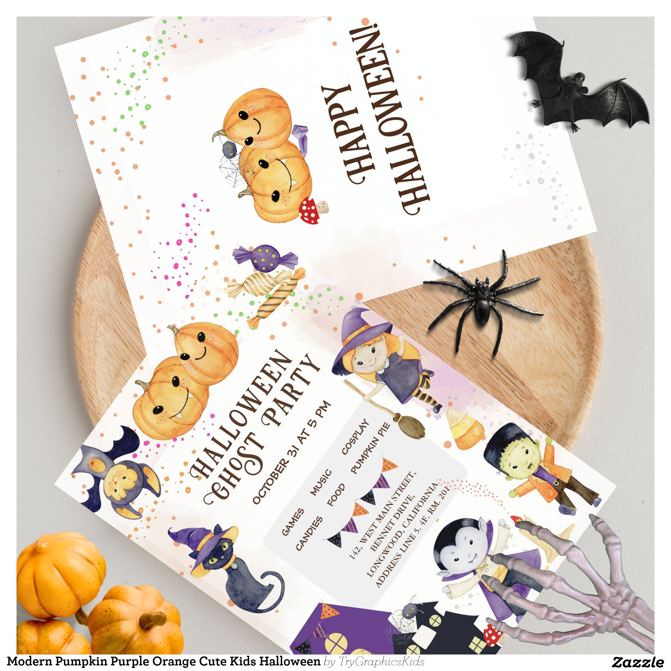 Modern Pumpkin Purple Orange Cute Kids Halloween Invitation