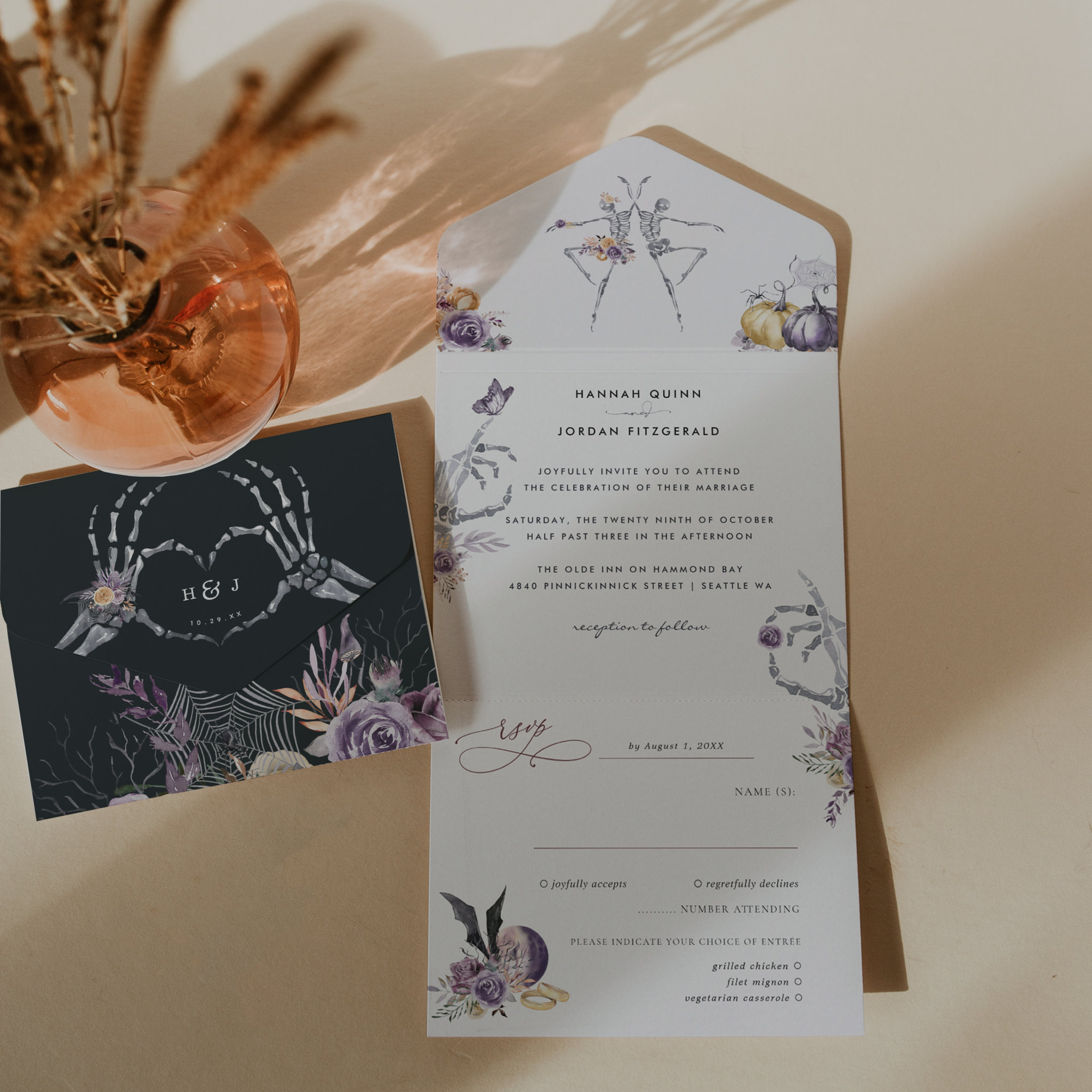 Monogram Skeleton Floral Halloween Wedding All In One Invitation