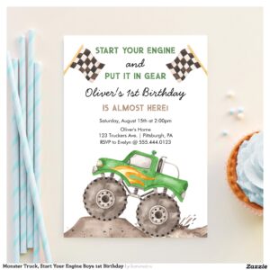 Monster Truck, Start Your Engine Boys 1st Birthday Invitation