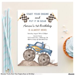 Monster Truck, Start Your Engine Boys 1st Birthday Invitation