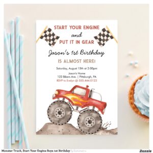 Monster Truck, Start Your Engine Boys 1st Birthday Invitation