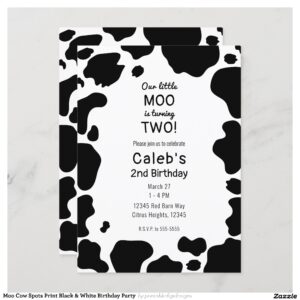 Moo Cow Spots Print Black & White Birthday Party Invitation