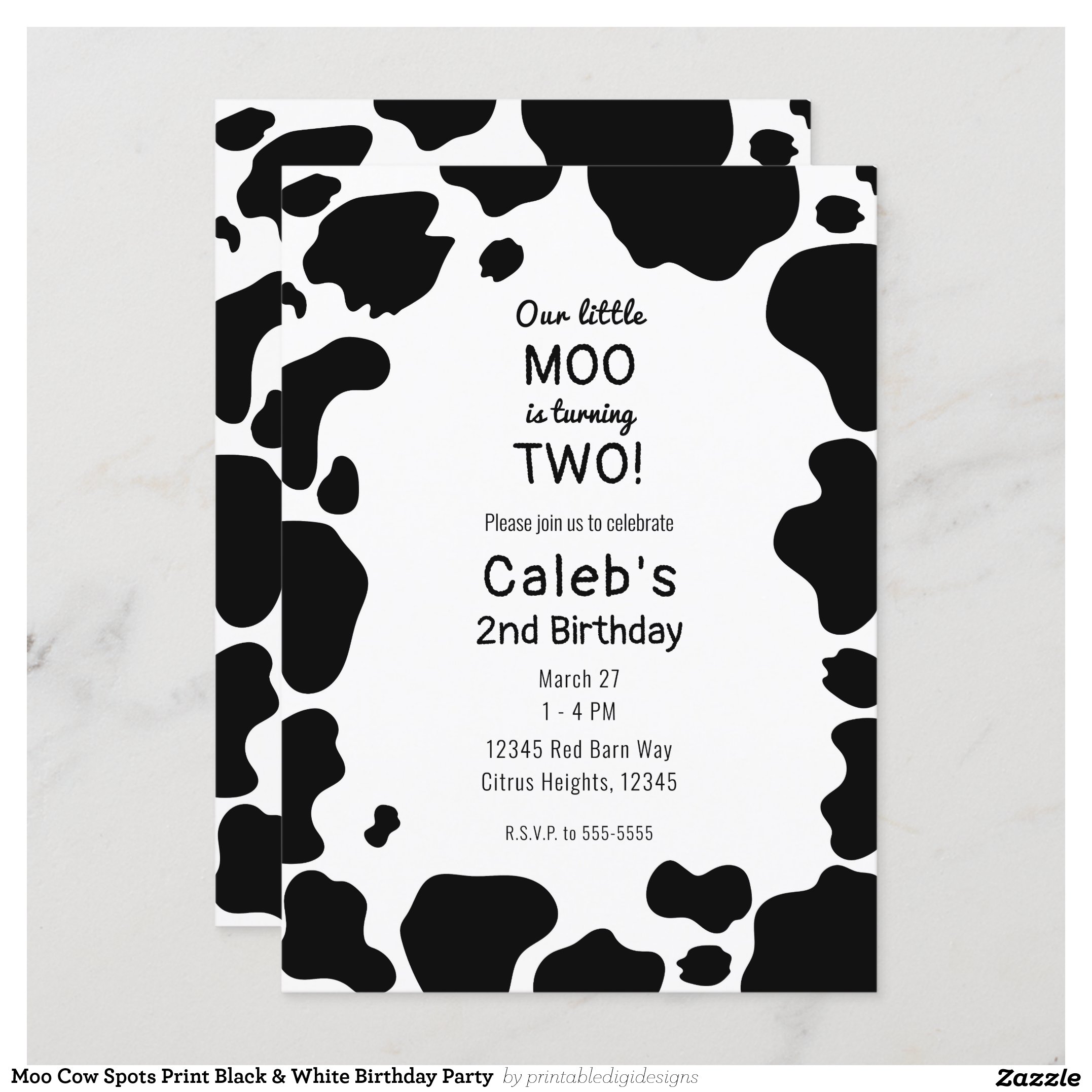 Moo Cow Spots Print Black & White Birthday Party Invitation