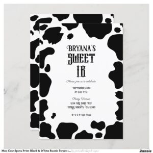 Moo Cow Spots Print Black & White Rustic Sweet 16 Invitation